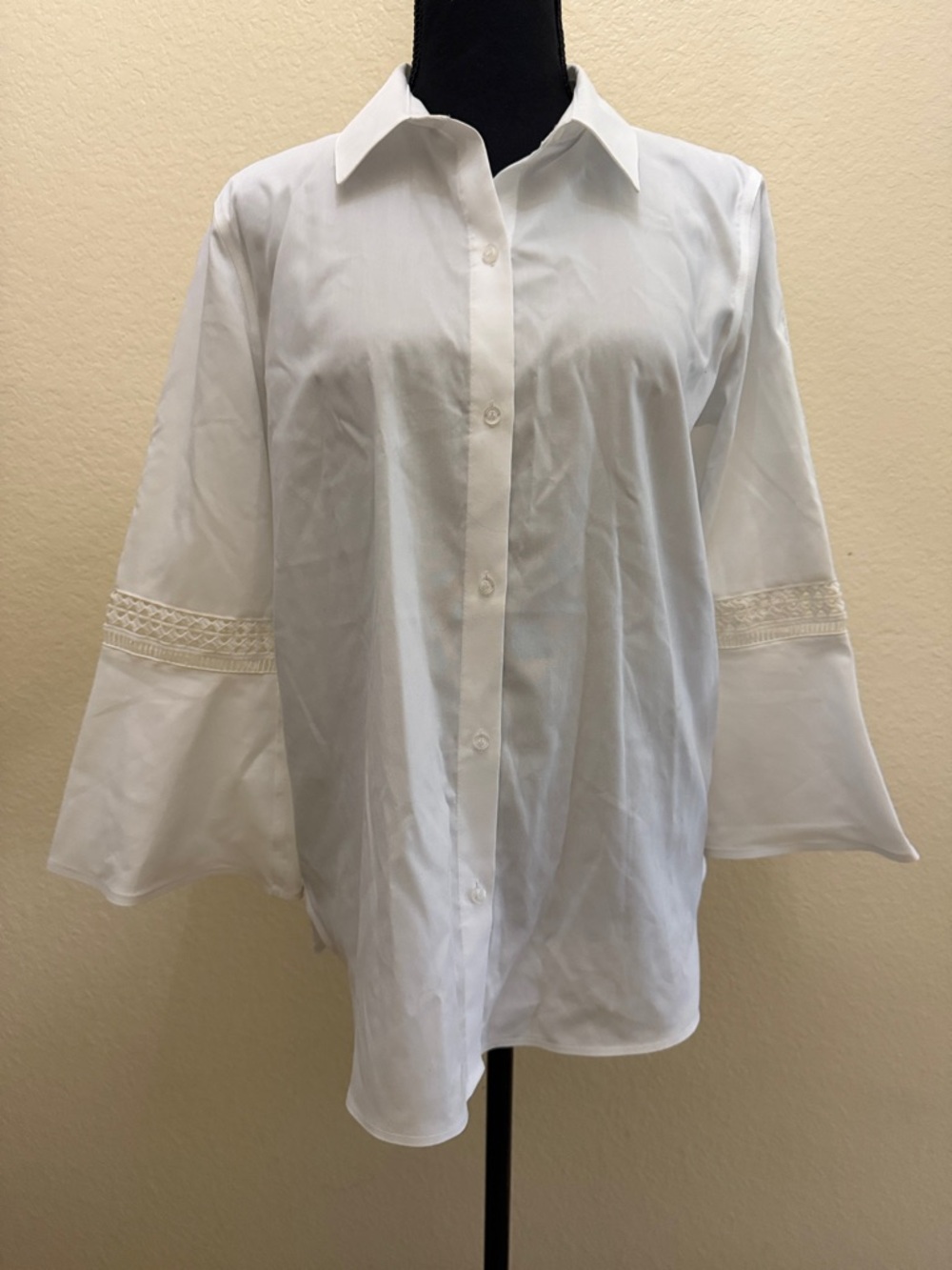White Button-Front Blouse with Crochet Trim Sleeves